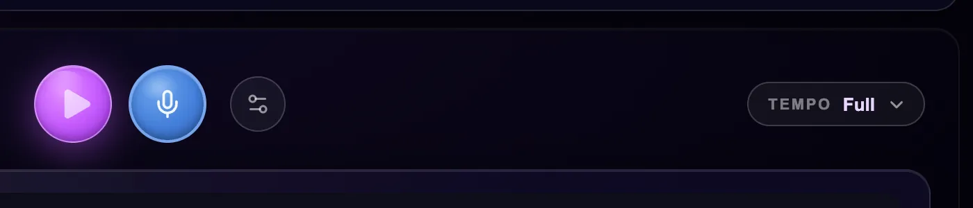 The new Tempo button, level with the Play button, showing the current speed.