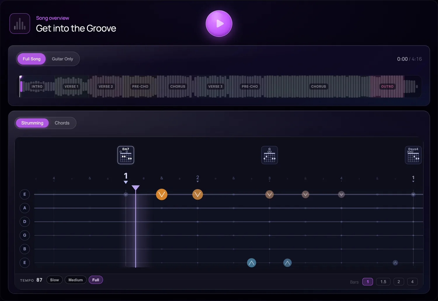 Frazer's Learn screen: the song laid out by section from intro to outro, with a
                        strumming highway underneath showing chord shapes and every up and down stroke
                        against the beat, and tempo set to Slow, Medium or Full.