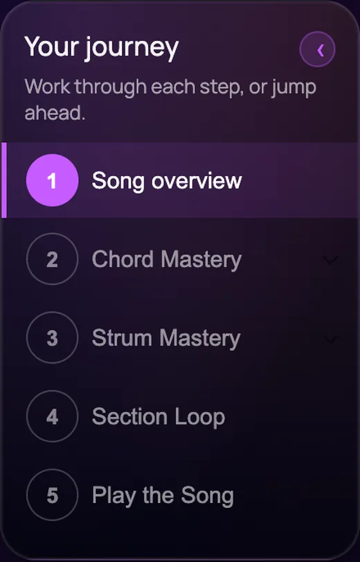 The step rail: Song overview, Chord Mastery, Strum Mastery, Section Loop,
                        Play the Song — with step one in progress.